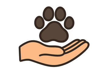 Obraz premium Dog paw and human hand icon. Symbol of friendship, love, care, trust, and support for animals. Pet adoption, rescue, and veterinary concept. Vector cartoon illustration.