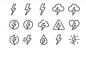 Lightning bolt and thunder icon collection. Simple line vector set for energy and power concepts. Editable stroke electricity, storm, and danger symbols for web or apps.