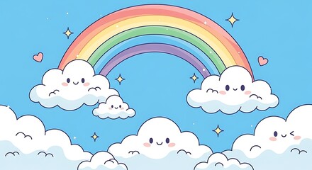 Cute Rainbow Clouds Sky Background.