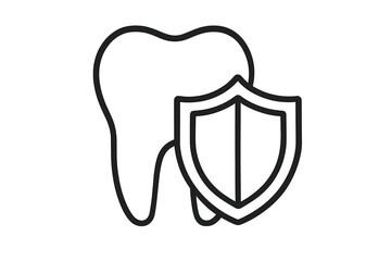 Tooth with shield icon. Dental protection and security concept. Oral health care and hygiene symbol. Medical insurance and enamel guard. Vector line art illustration.