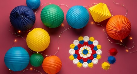 A vibrant display of colorful paper lanterns and a creative rangoli-inspired design made from bottle caps, illuminated by string lights on a pink background.