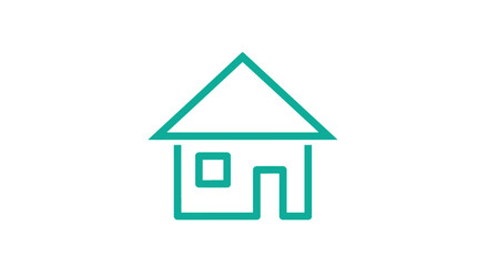 Simple teal house icon with a triangular roof, window, and door on a white background.