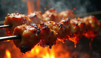 Deliciously Grilled Chicken Skewers Cooking Over Flames