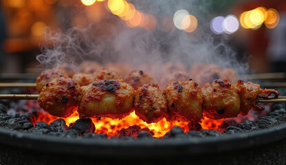 Deliciously grilled meatballs sizzling on skewers over hot coals.