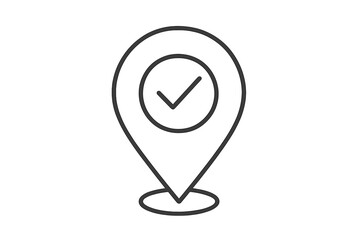 Location pin with check mark line icon. GPS navigator pointer, map marker symbol. Concept of destination confirmed, arrival, check in, correct place, verified address.