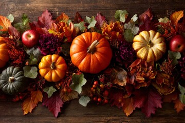 Autumnal arrangement of pumpkins, apples, flowers, and leaves on a rustic wooden surface.