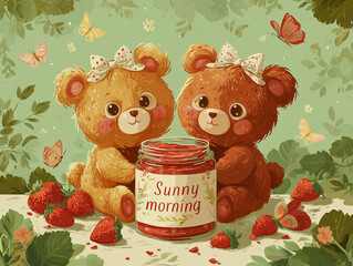Two cute teddy bears with strawberry jam surrounded by butterflies