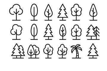 Tree and forest line icon collection. Simple minimalist vector outline symbols. Deciduous, coniferous, pine and palm tree pictograms for web, UI, UX, and app design.