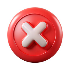 Fototapeta premium Glossy red circle button with white cross symbol digital rendering for web design and user interface elements isolated on transparent background