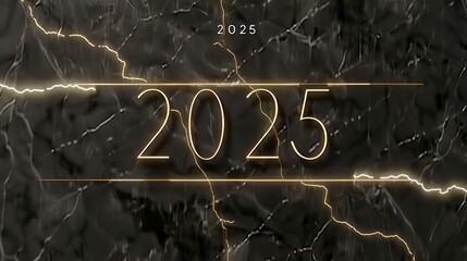 Futuristic Neon Year 2025 with Lightning Effects on Dark Marbled Background