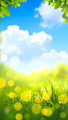 Fototapeta premium Abstract summer nature scene with blurred foliage and glowing light circles.