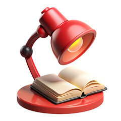 Bright red desk lamp illuminates an open book creating an atmosphere of knowledge and discovery isolated on transparent background