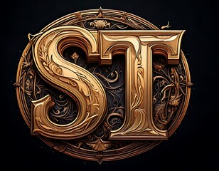 Ornate gold initials on dark background