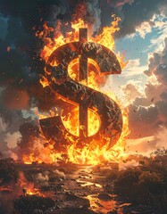 Fiery dollar sign amidst destruction