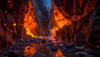 Obraz premium Dramatic Fiery Canyon River with Glowing Sparks