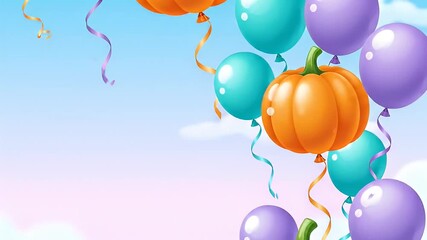 happy halloween text with pumpkins and balloons