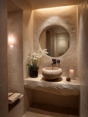 A modern, minimalist powder room boasts a natural stone sink and a circular mirror set against textured beige walls.