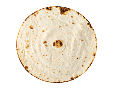 Round flour tortilla flatbread with light char spots and soft pliable surface, Mexican wrap base shown plainly on isolated background - Powered by Adobe