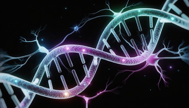 Dynamic DNA strand with neuron connections depicting the human brain and neural networks - Powered by Adobe