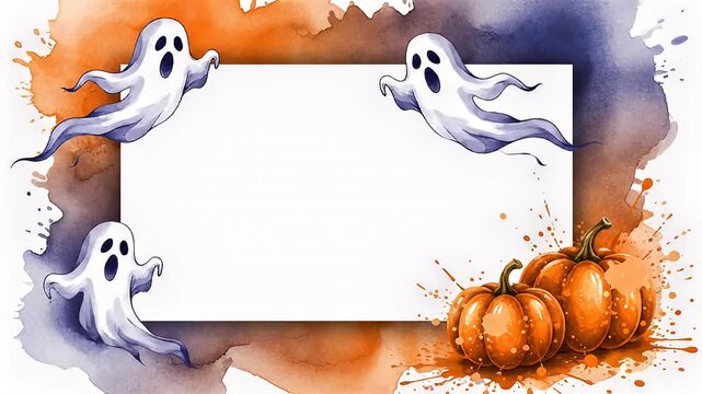 watercolor halloween frame with playful ghosts and pumpkins
