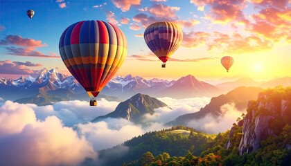 Obraz premium Colorful Hot Air Balloons Floating Over Majestic Mountain Range at Sunset with Dramatic Sky and Cloud Inversion Layers