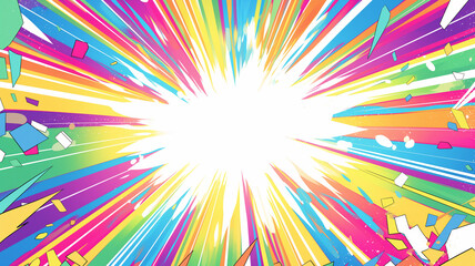 虹色の線が放射状に広がるマンガ風デザインの背景素材、中央にスペースがあるシンプル構図で高解像度、明るく元気な印象を与える抽象的で汎用的なポップアート風イラスト