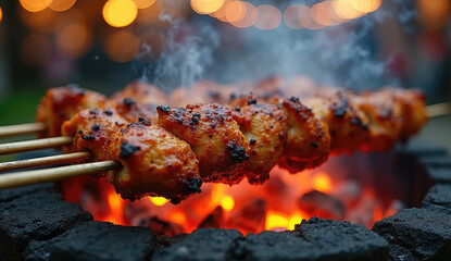 Deliciously Grilled Chicken Skewers Over Hot Charcoal