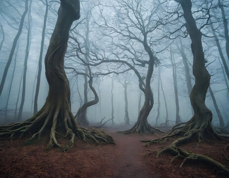 Evil crooked trees deep in fantasy forest with twisted roots and bare branches, foggy eerie landscape,, tree in the fog, horror scene background