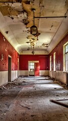 Fototapeta premium Decaying red-walled corridor in an abandoned building, featuring peeling paint, a damaged ceiling, debris-strewn floor, and aged windows