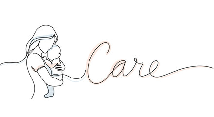 Mother holding her baby close, symbolizing care with the word 'Care' in a simple minimalist design copy space