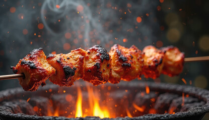 Deliciously Grilled Chicken Tikka Skewers over Hot Charcoal