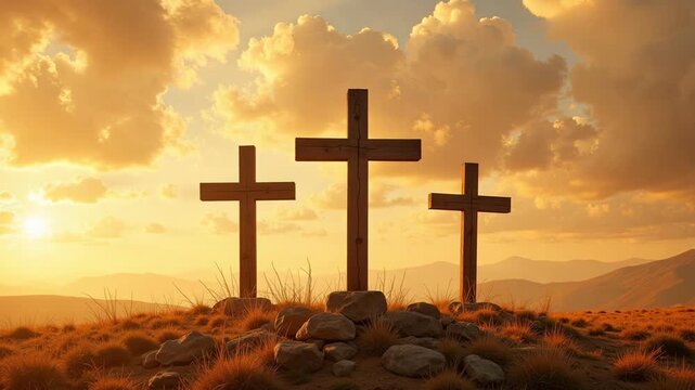 Stunning golden hour video footage of three empty crosses on a peaceful hill with ethereal moving clouds, perfect for faith based projects