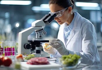 Food Scientist Analyzing Food Samples Under Microscope in Laboratory Setting.
