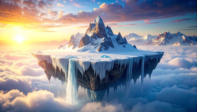 Majestic Floating Island with Snowy Mountains at Sunset