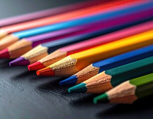 Close-up of vibrant colored pencils arranged in a row on a dark surface, showcasing sharpened points and wooden casings