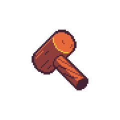 Pixel art illustration of a wooden mallet with a short handle, designed in retro 8-bit style on a white background.