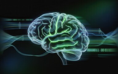 Digital brain with glowing circuits shows the power of AI and advanced technology concepts