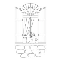 A rustic window with a flower on the sill. Hand-drawn illustration.