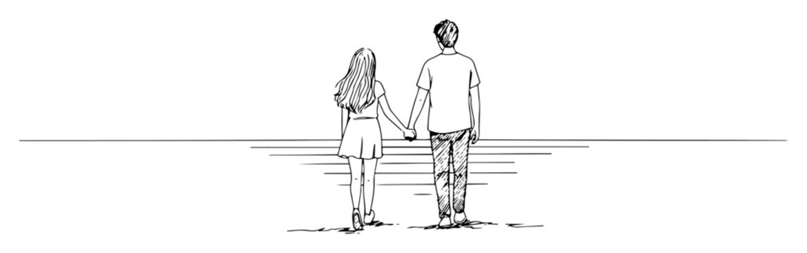 Naklejki couple holding hands walking away line art