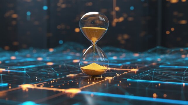 Time's Passage: An hourglass, a timeless symbol of time's relentless flow, stands amidst a complex digital network, emphasizing the crucial interplay between time and technology. - Powered by Adobe