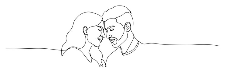 one single line drawing of a happy romantic couple hugging and smiling