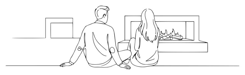 couple in love sitting by fireplace one line drawing