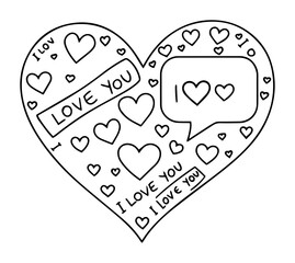 doodle heart filled with love you words vector illustration