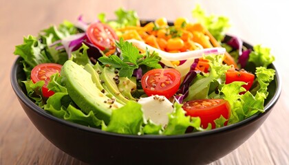 Colorful Salad with Fresh Vegetables and Avocado in Black Bowl