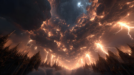 A hyper-detailed cosmic battlefield, angels with ablaze ethereal wings forming glowing phalanxes, halos pulsing with divine energy, storm-laden skies swirling with crimson lightning,