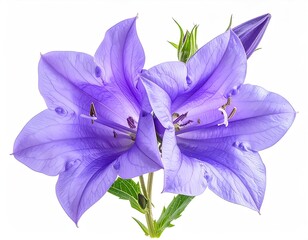 Two light purple bell-shaped flowers with a bud, dew drops, and green stem against a stark white background