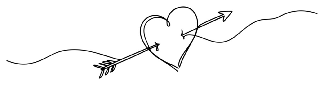 Naklejki single one line drawing of a heart pierced by cupid's arrow love concept