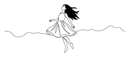 floating girl in dress contour monoline vector lineart thin outline sketch