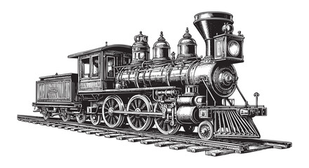 train on railroad in Black and White Engraving Style