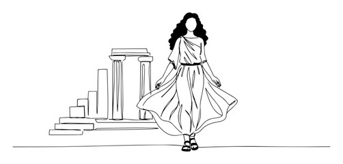 greek goddess near ancient ruins one line drawing